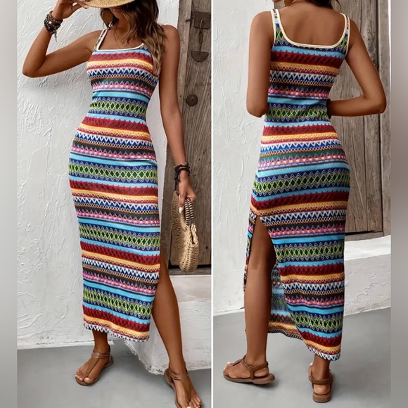 New Striped Pattern Square Neck Tank Dress Sleeveless Slit Boho Multicolored NWT - Picture 2 of 16
